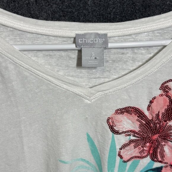 Chico's White Linen Blend Floral T Shirt White Sequin Embellished Size XL - Picture 6 of 8